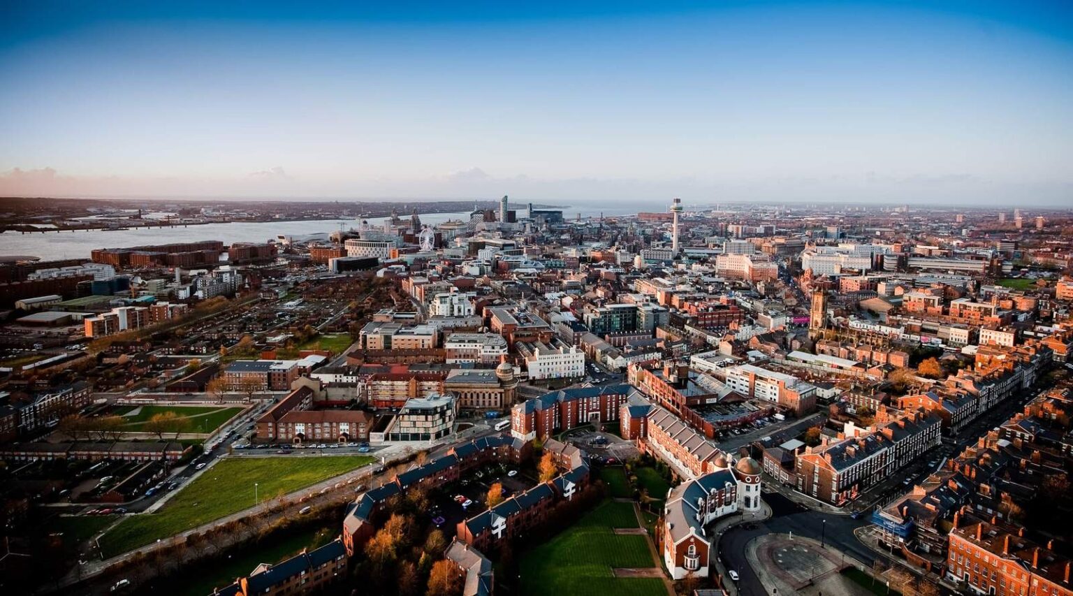 Liverpool waterfront and city centre from the air