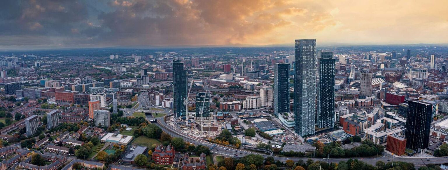 Manchester city centre from the air at sunset